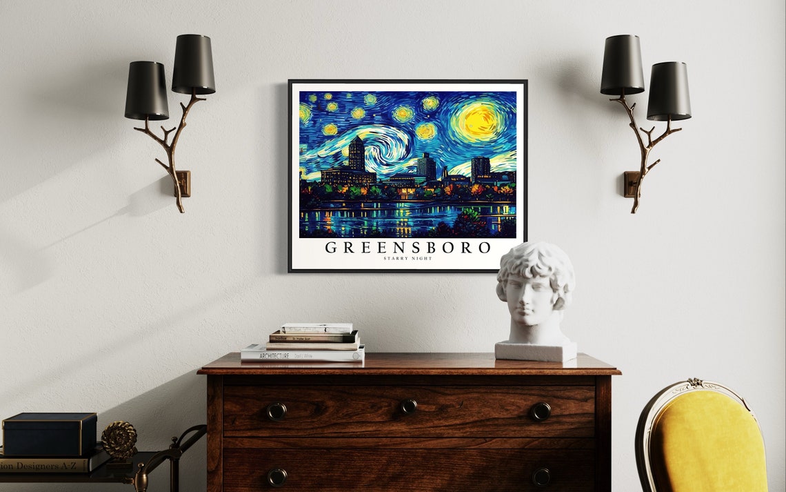 Greensboro Starry Night Skyline Lake Reflection City Night Poster - Image 3