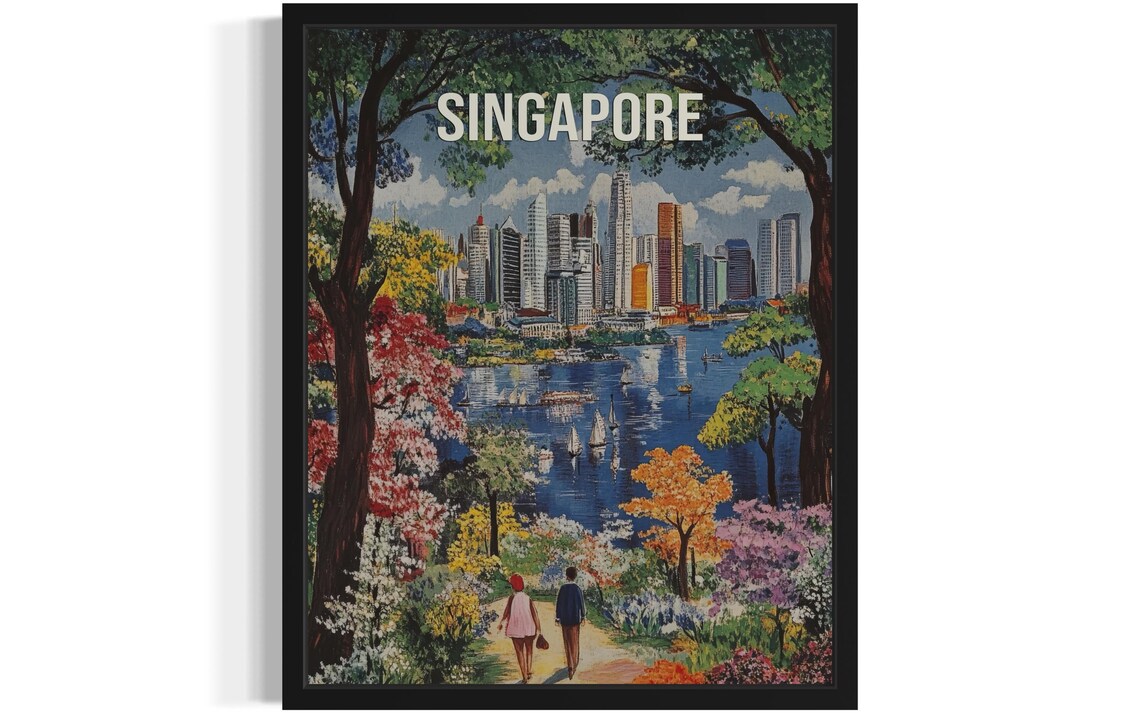 Singapore Skyline Across the Bay from Lush Gardens Travel Poster