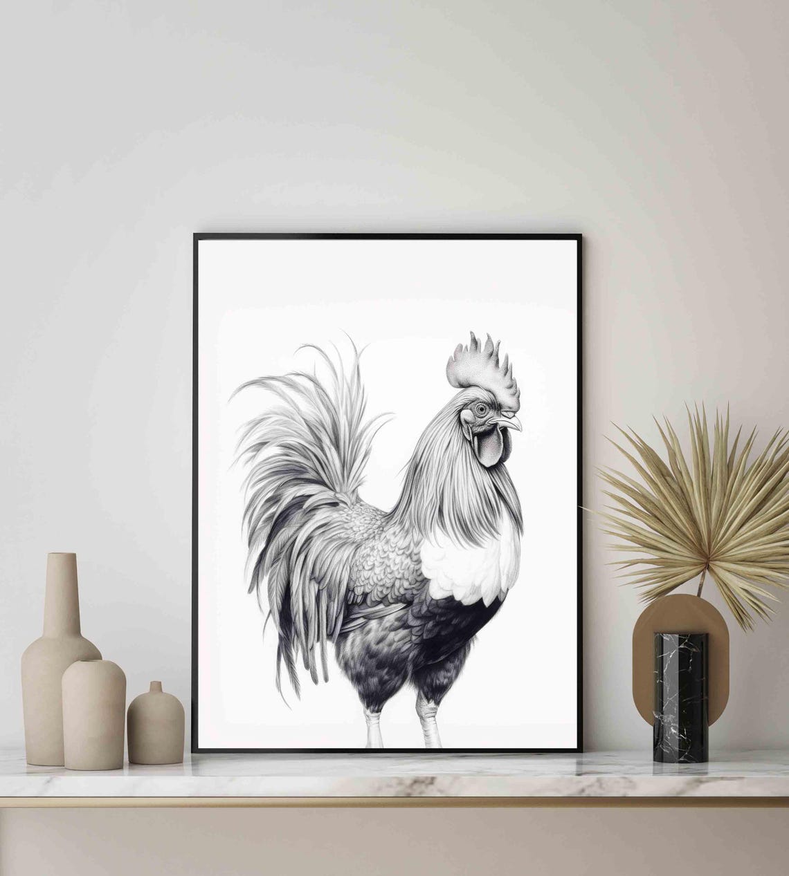 Rooster Black and White Farm Chicken Bird Portrait Art Poster - Image 4