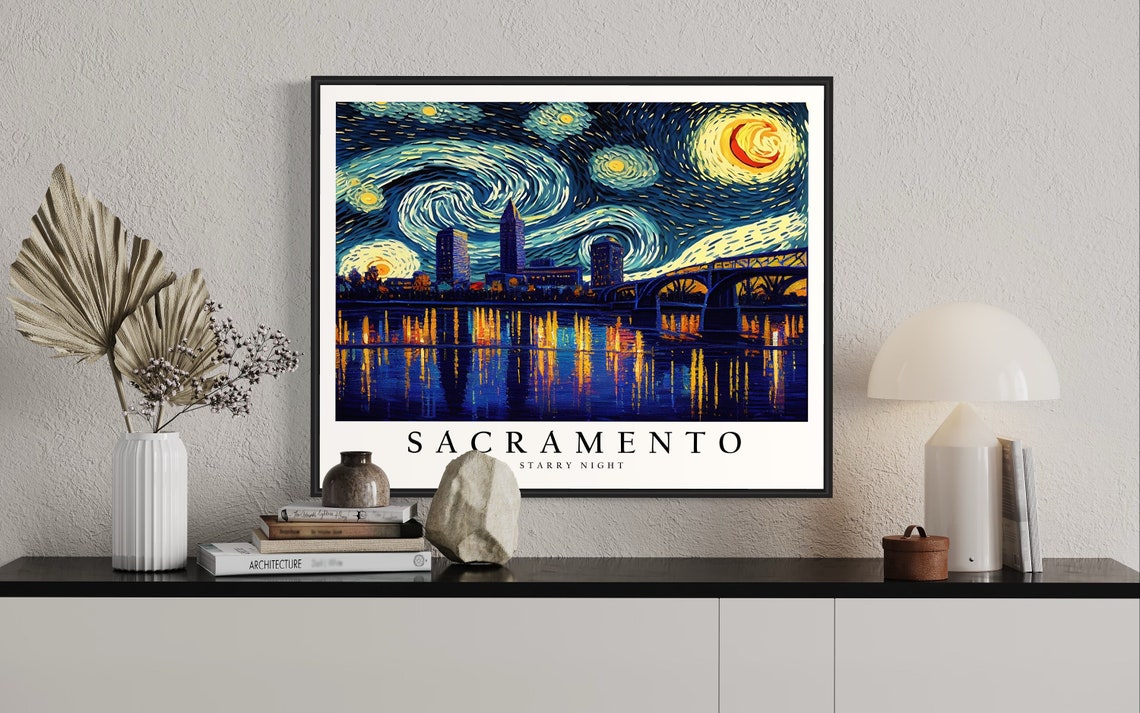Sacramento Riverfront Skyline Van Gogh Starry Night City Poster - Image 2