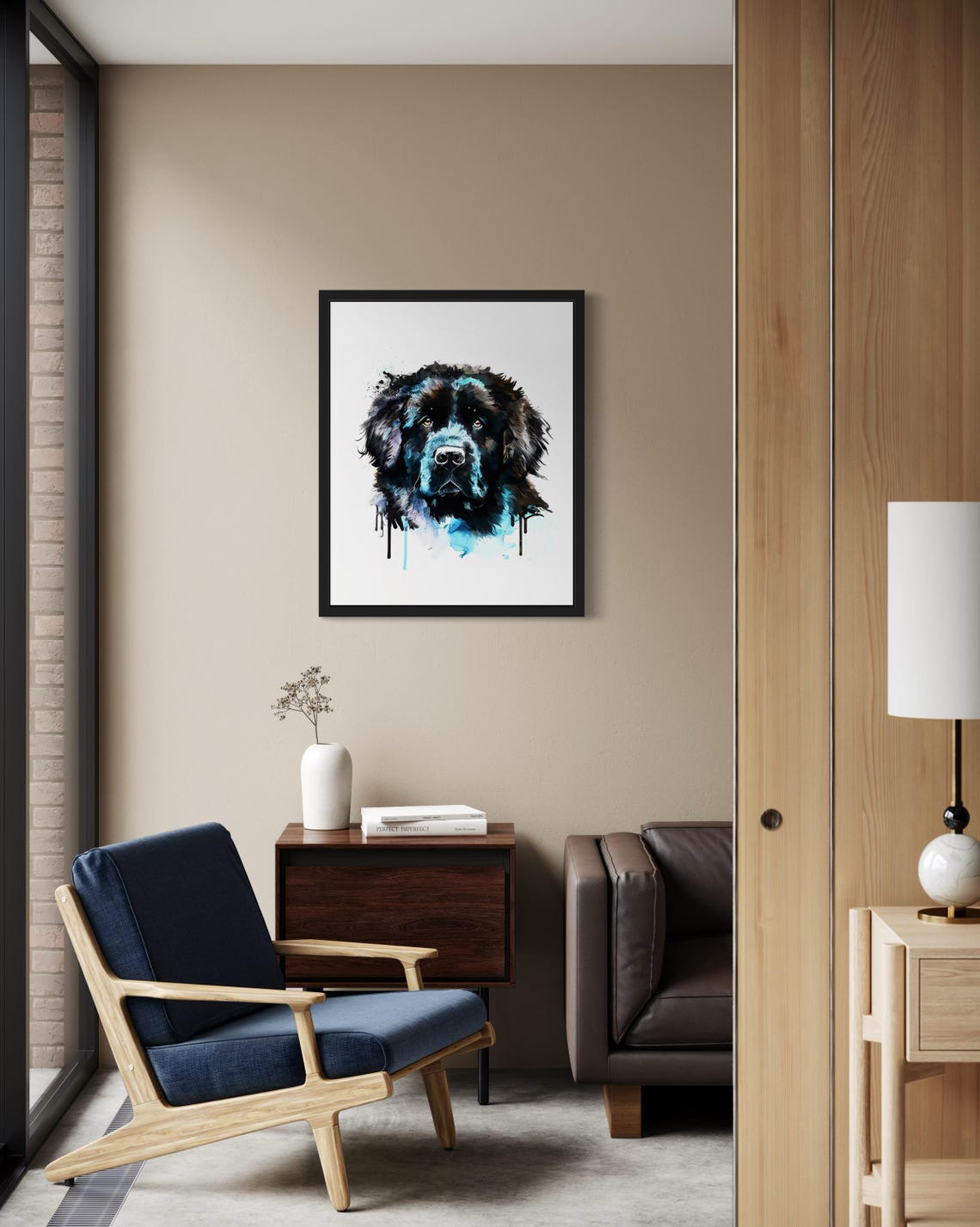 Newfoundland Dog Black Blue Watercolor Splash Portrait Poster - Image 2