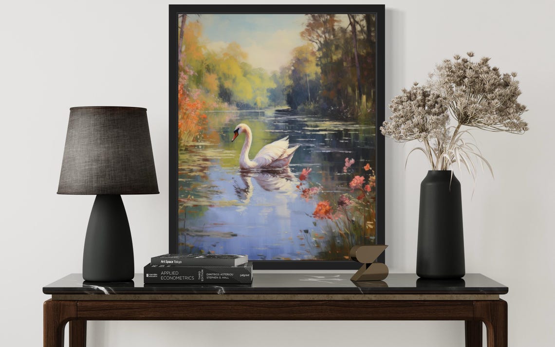 White Swan On Sunlit Forest Lake With Wildflowers Art Poster - Image 3