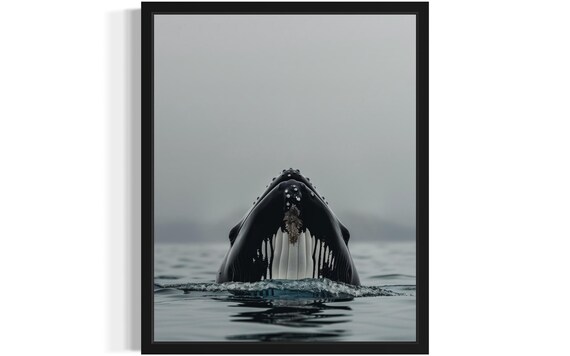 Humpback Whale Breaching in Misty Gray Ocean Photo Art Poster