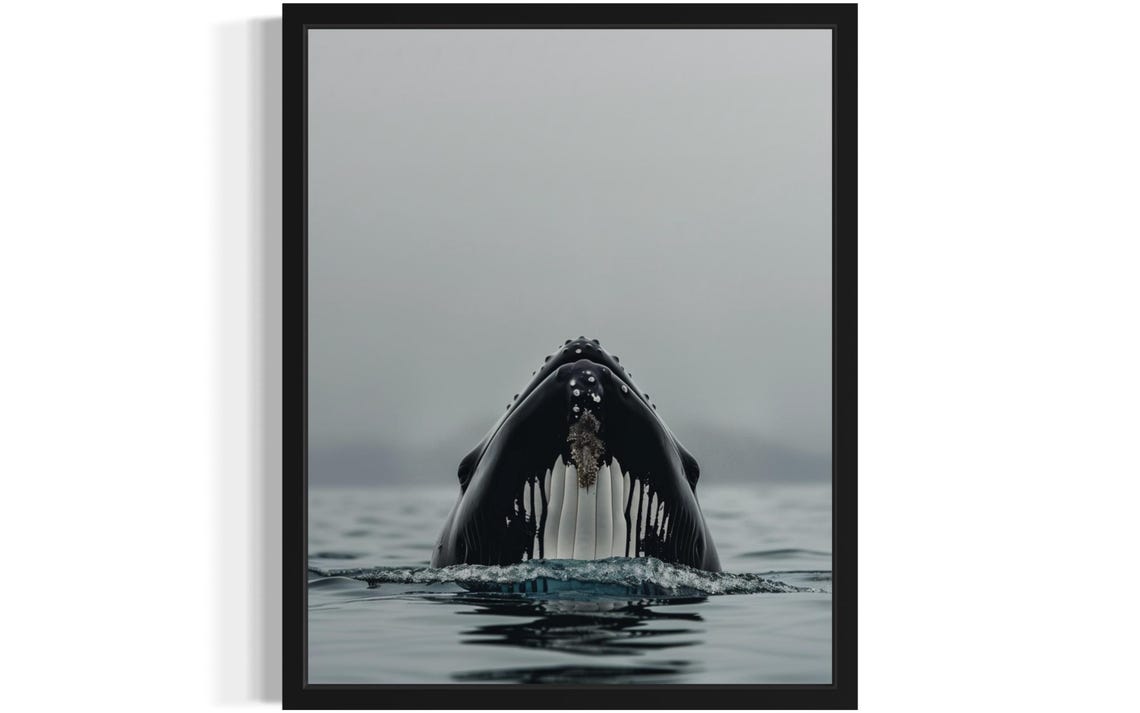 Humpback Whale Breaching in Misty Gray Ocean Photo Art Poster