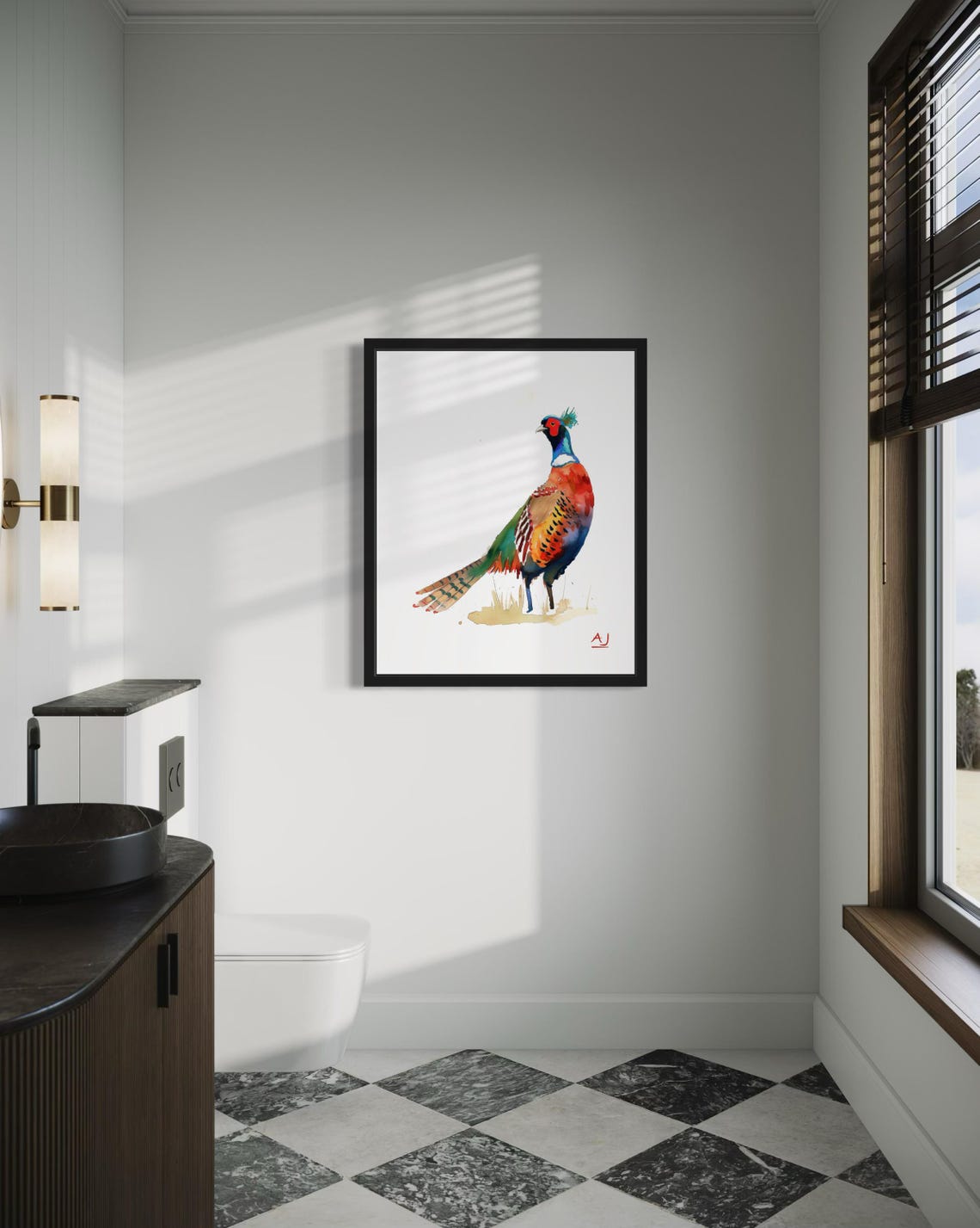 Ring-Necked Pheasant Standing Tall Colorful Watercolor Bird Art Poster - Image 3