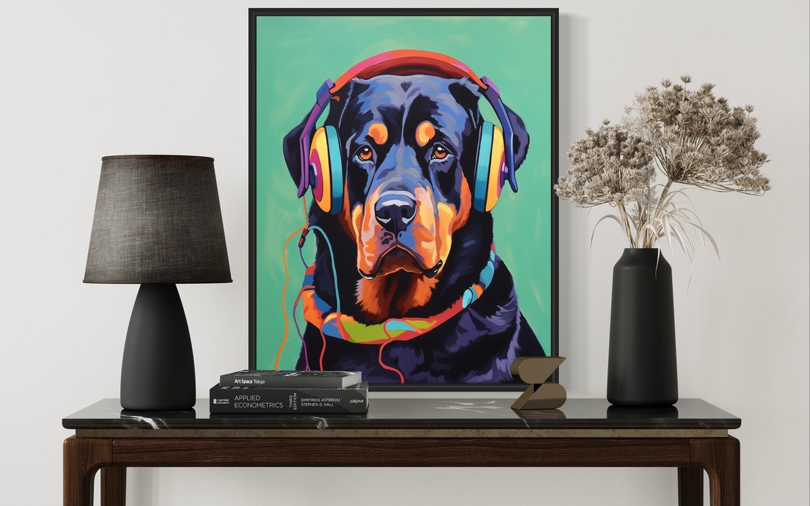 Rottweiler Dog Wearing Headphones Colorful Pop Art Portrait Poster - Image 3