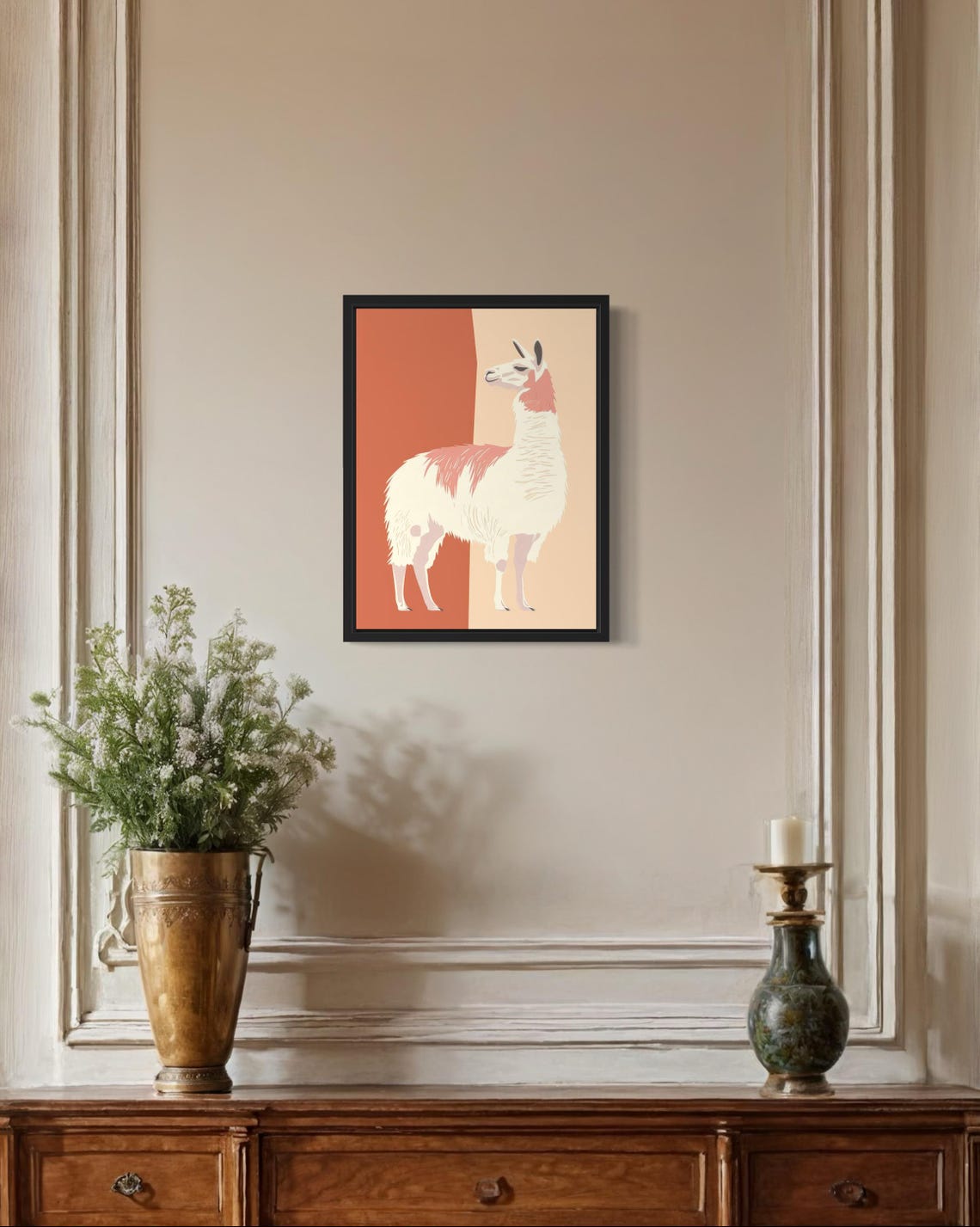 Llama Standing Full Body Terracotta Split Background Modern Poster - Image 2