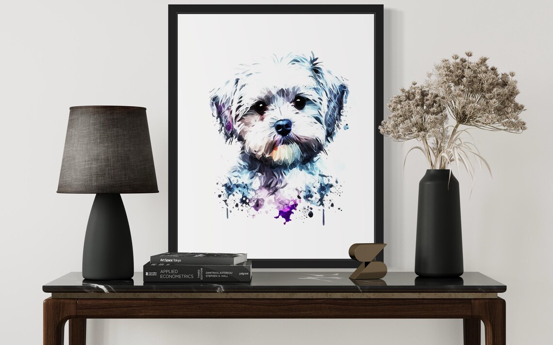 Sweet Maltese Puppy White Blue Watercolor Portrait Art Poster - Image 3