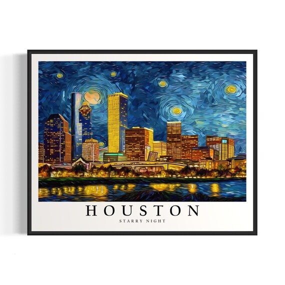 Houston Texas Starry Night Downtown Skyline Night Glow City Art Poster
