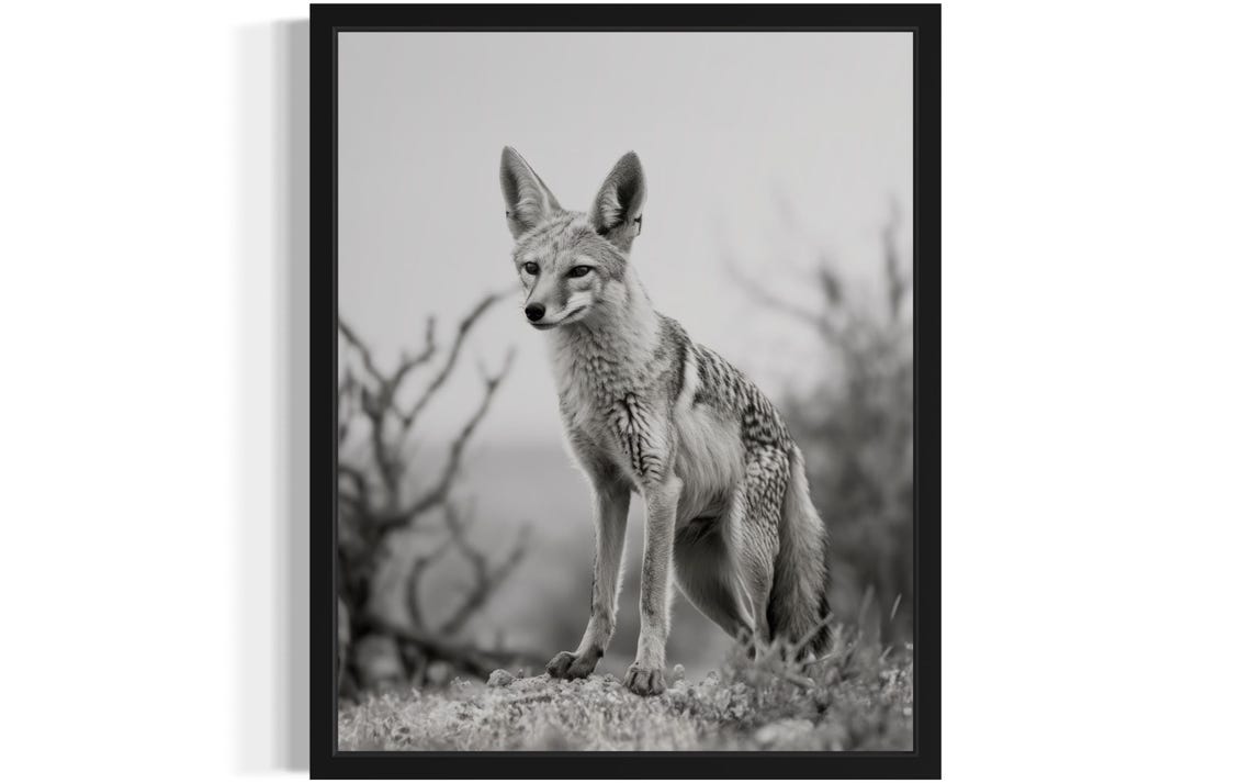 Black-Backed Jackal Standing Alert Black and White Photo Poster