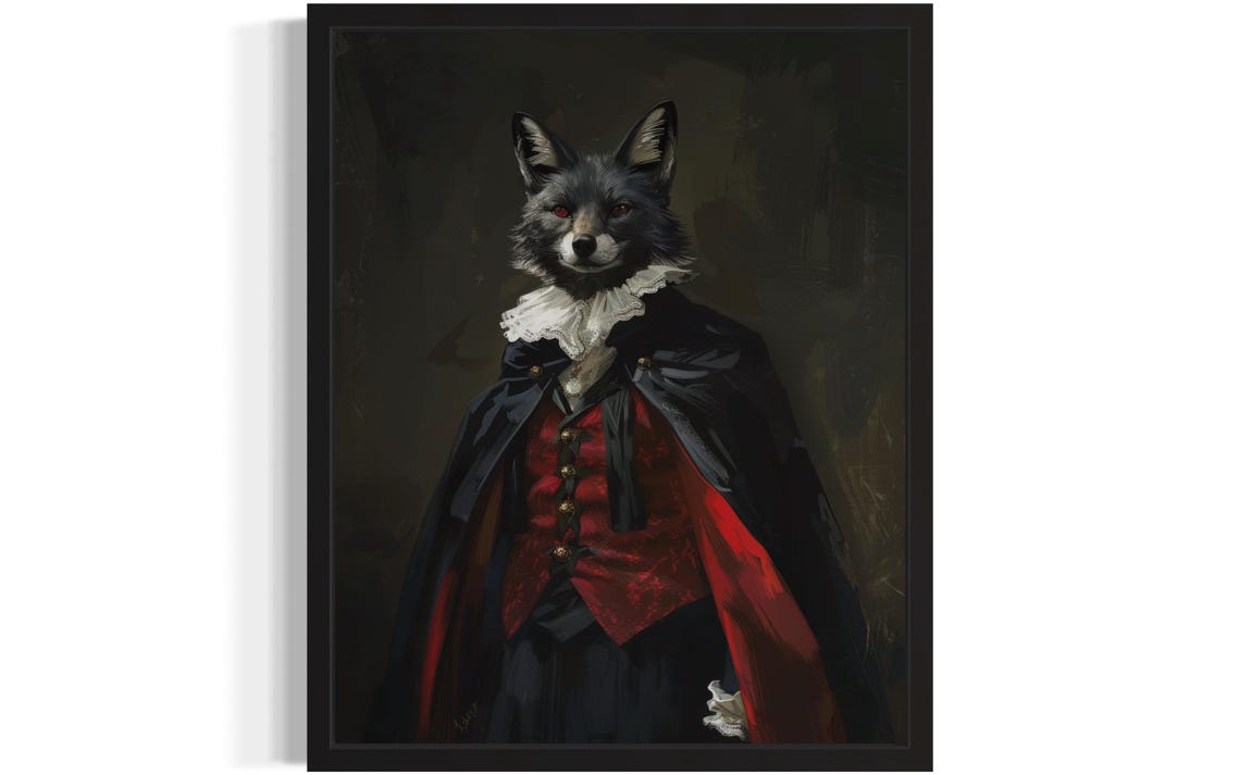 Black Fox Vampire Gothic Portrait Ruff Collar Dark Whimsy Poster
