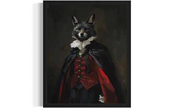 Black Fox Vampire Gothic Portrait Ruff Collar Dark Whimsy Poster