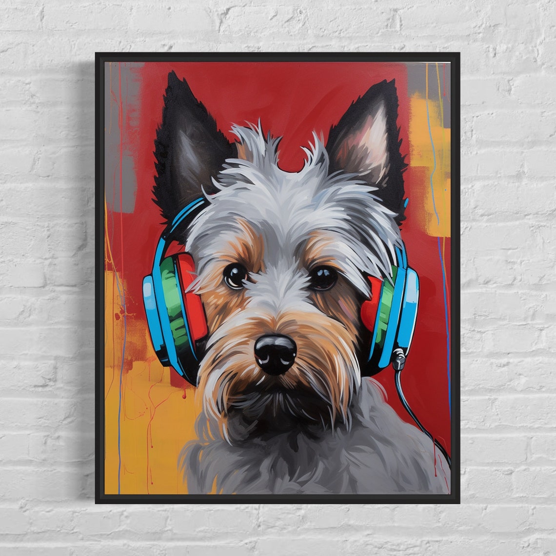 Silky Terrier Dog Wearing Headphones Vivid Red Pop Art Music Poster