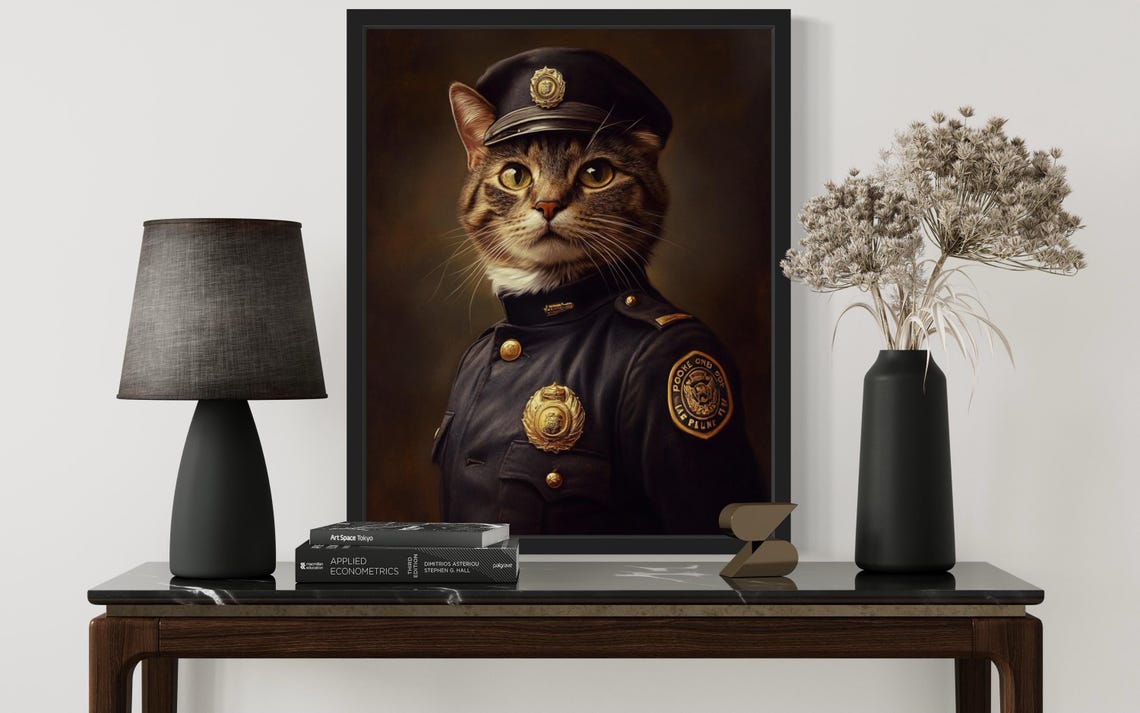 Tabby Cat Police Officer In Dark Uniform With Badge Portrait Poster - Image 3