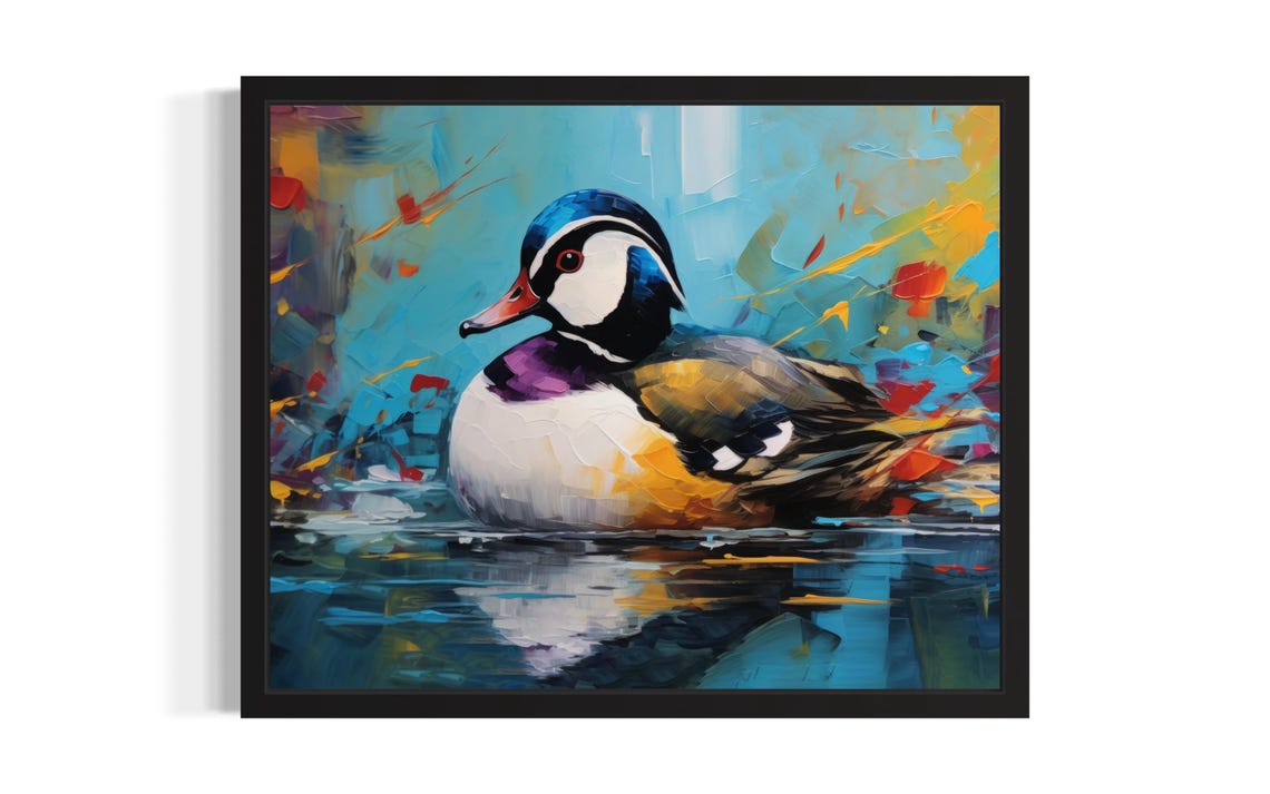 Mandarin Duck Swimming on Turquoise Water Original Painting Poster