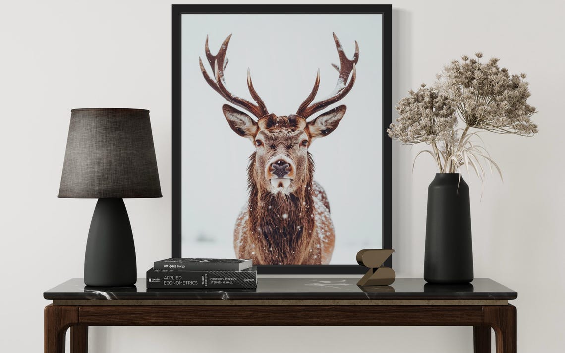 Red Deer Stag in Falling Snow Minimalist Winter Photo Poster - Image 2