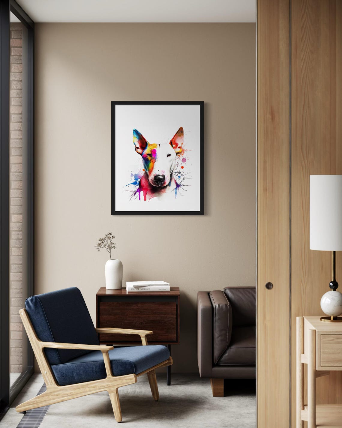 White Bull Terrier Rainbow Watercolor Splash Portrait Poster - Image 2