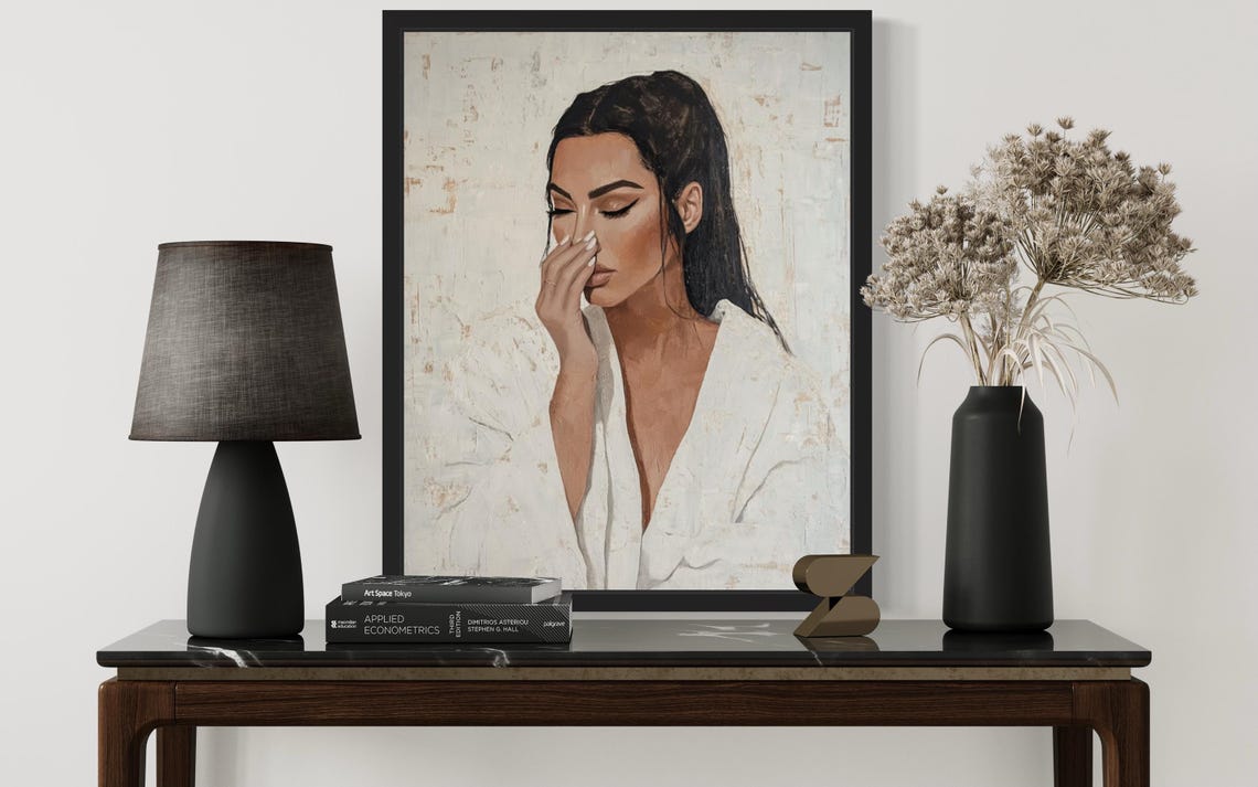 Beautiful Dark Haired Woman in White Robe Holding Her Nose Poster - Image 2