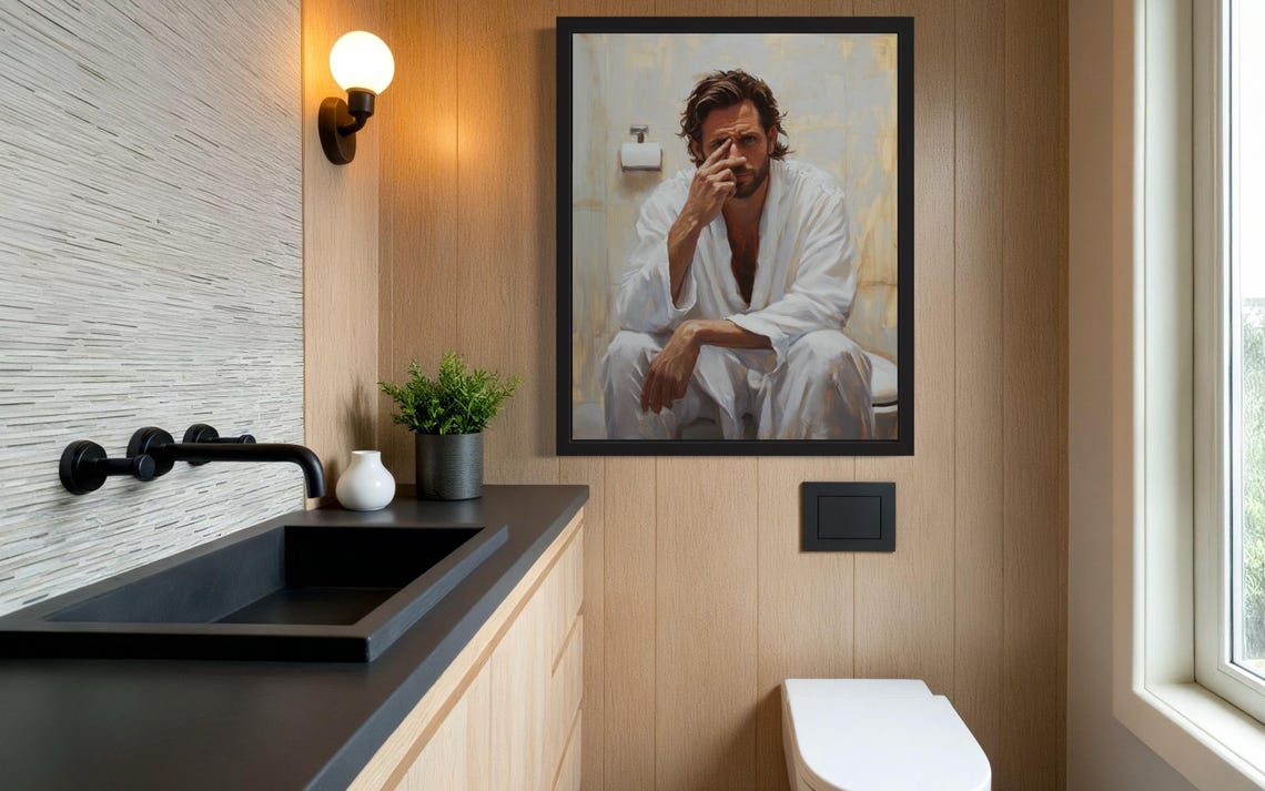 Bearded Man in White Robe Holding Nose by Toilet Paper Poster - Image 2