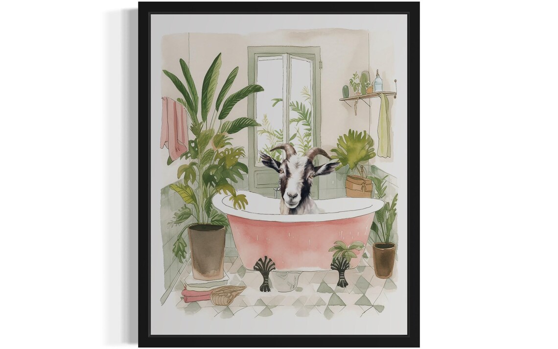 Curious Goat Sitting in a Pink Bathtub Watercolor Bathroom Poster
