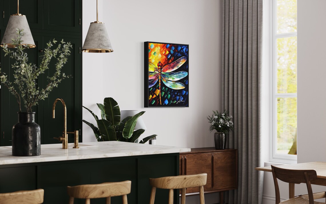 Colorful Dragonfly Mosaic Wings Glowing Oil Painting Nature Art Poster - Image 4