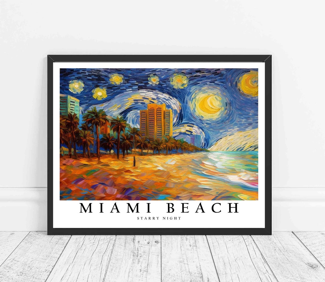 Miami Beach Starry Night Palm Trees Oceanfront Night Glow Poster