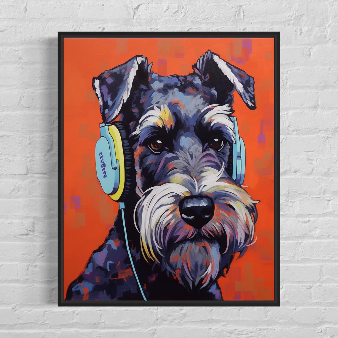 Schnauzer Wearing Headphones Colorful Pop Art Dog Portrait Poster