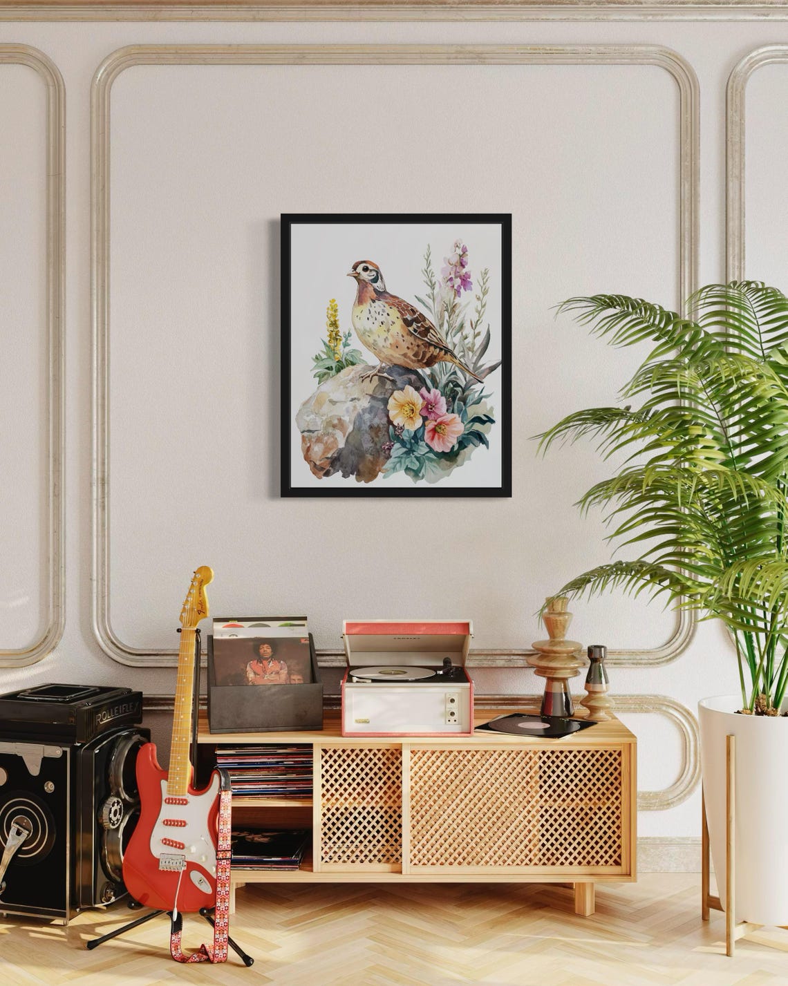 Partridge on a Mossy Rock with Wildflowers Watercolor Poster - Image 4