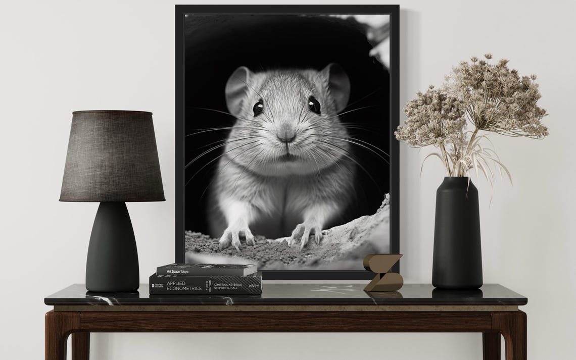 Gerbil Peeking From Burrow Black And White Photo Style Poster - Image 2