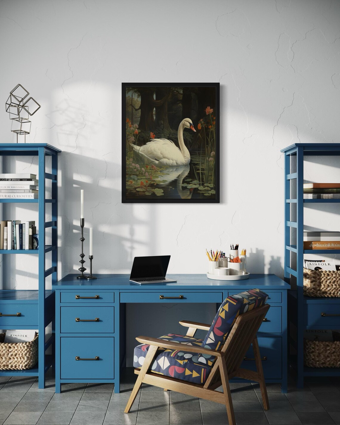 Mute Swan Gliding on a Dark Floral Lily Pond Vintage Waterfowl Poster - Image 2