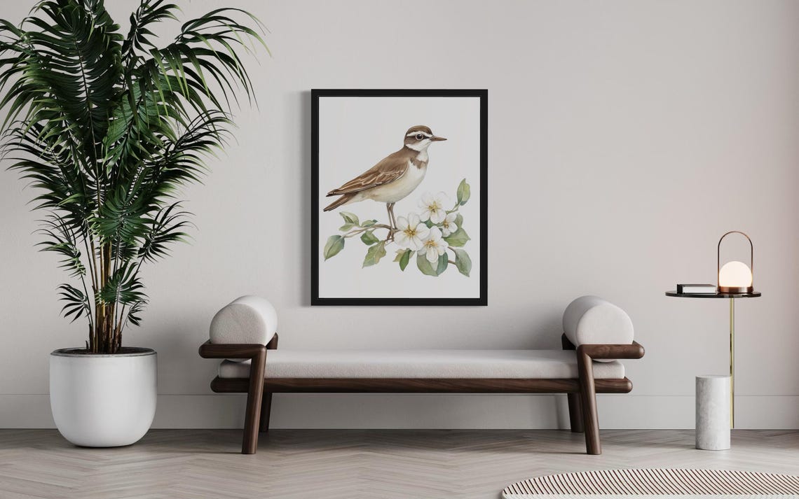 Killdeer Shorebird on a White Blossom Branch Watercolor Poster - Image 3