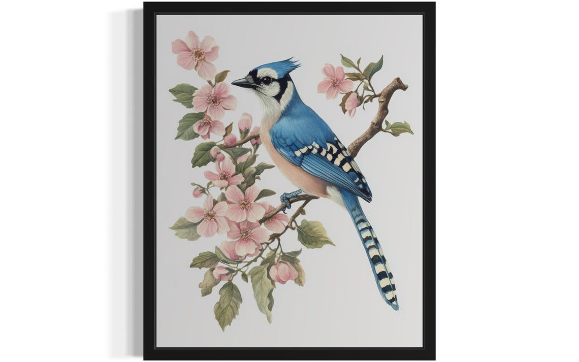 Vibrant Blue Jay on Blossom Branch Botanical Watercolor Poster
