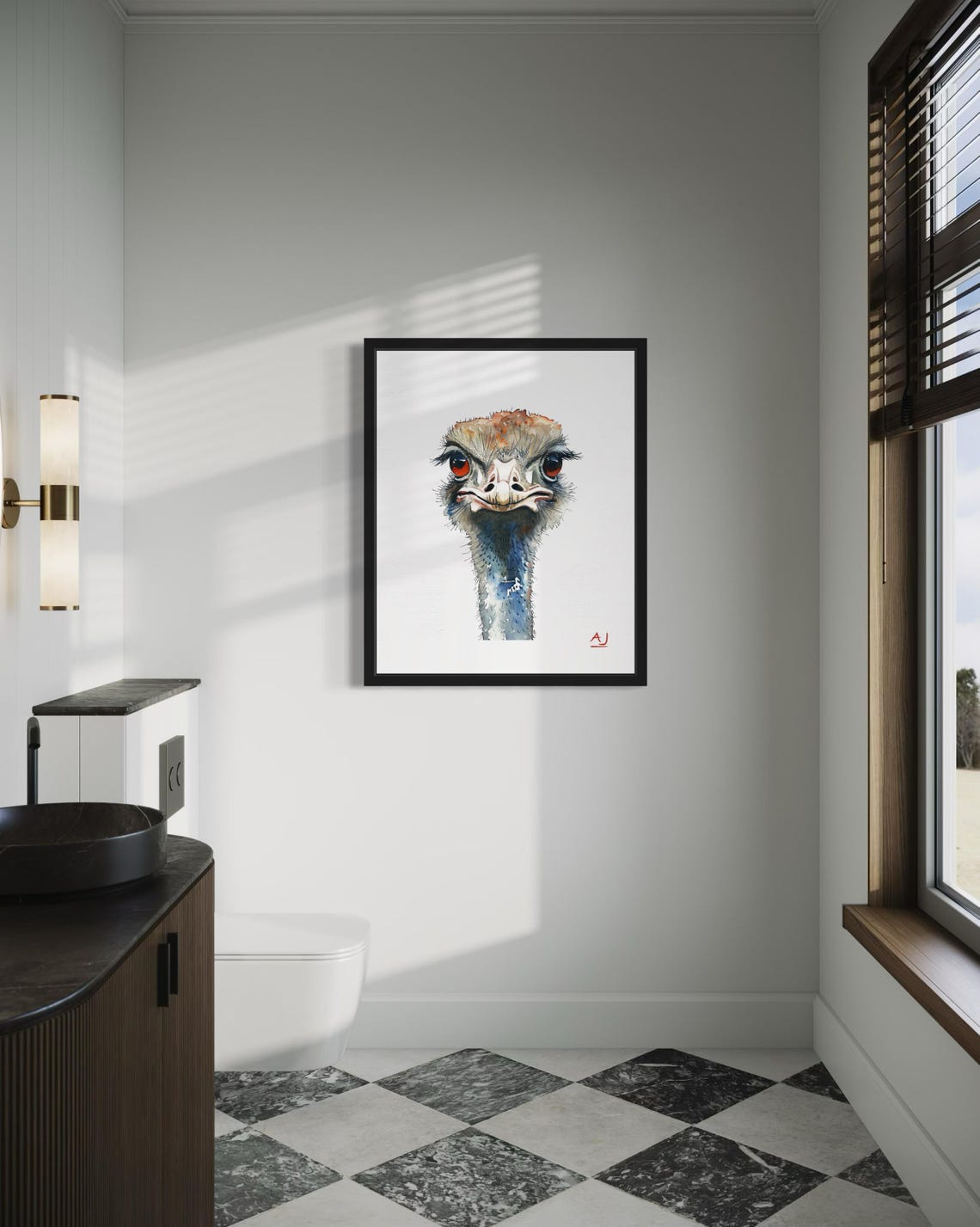 Ostrich Face Front View Close-Up Watercolor Bird Portrait Poster - Image 3