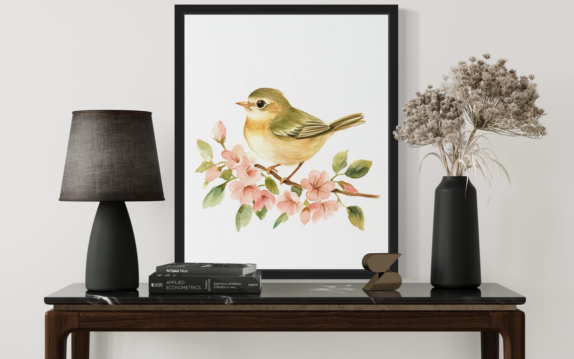 Tiny Goldcrest Songbird on Blossom Branch Watercolor Bird Poster - Image 2