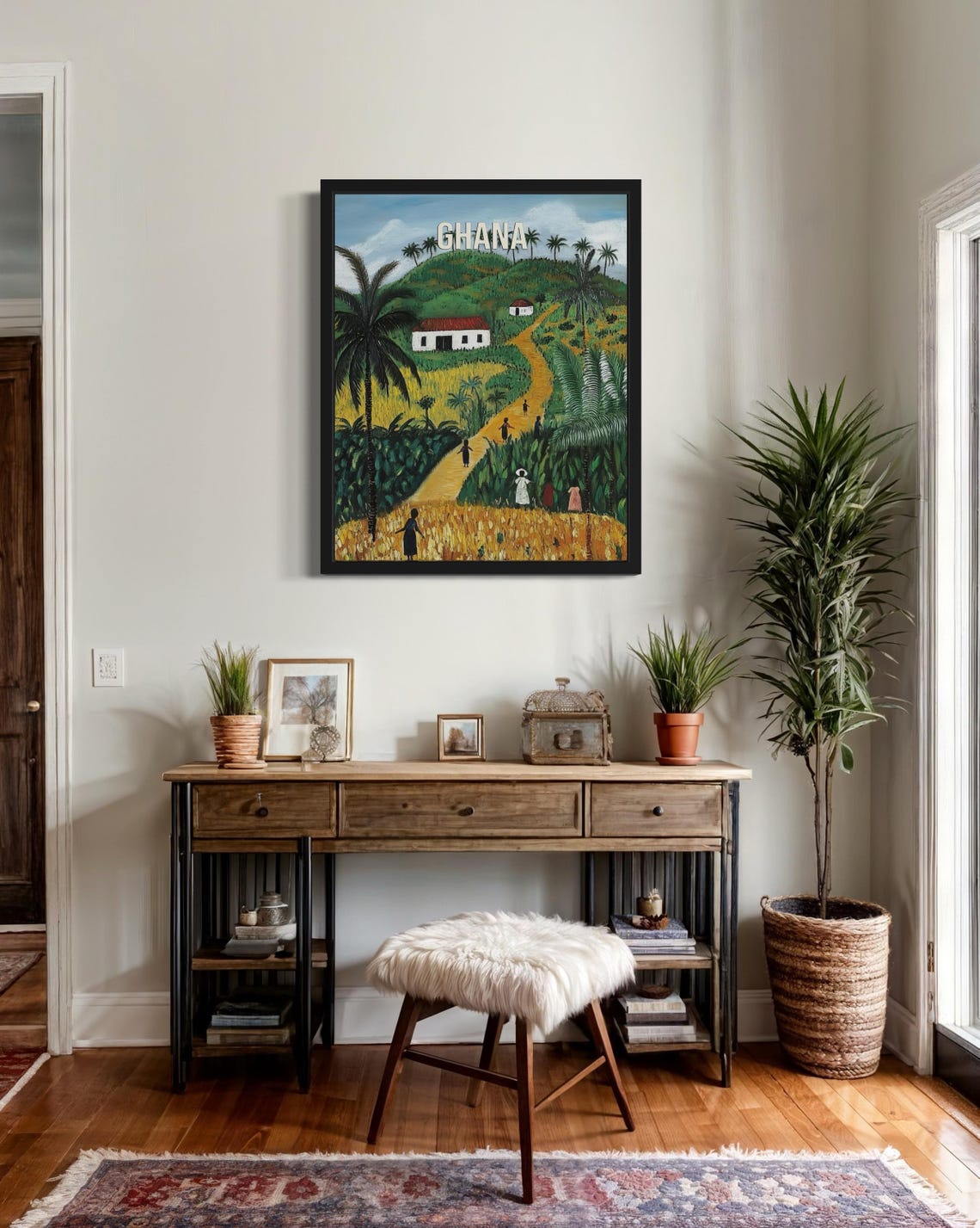 Ghana Palm Lined Hill Path Village Scene Naive Folk Art Poster - Image 2
