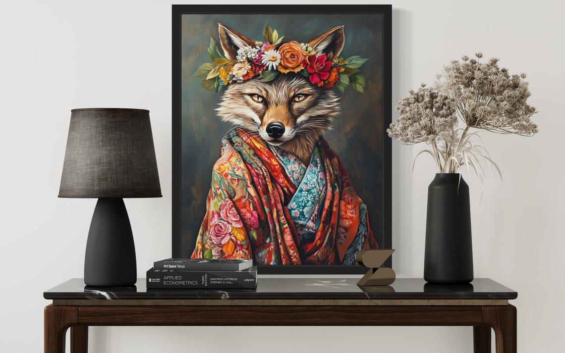 Jackal Wearing Flower Crown and Floral Robe Fine Art Decor Poster - Image 2