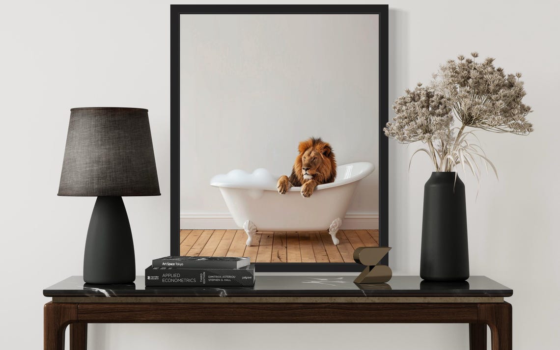 Lion with Mane Lounging in a White Clawfoot Bubble Bath Photo Poster - Image 2