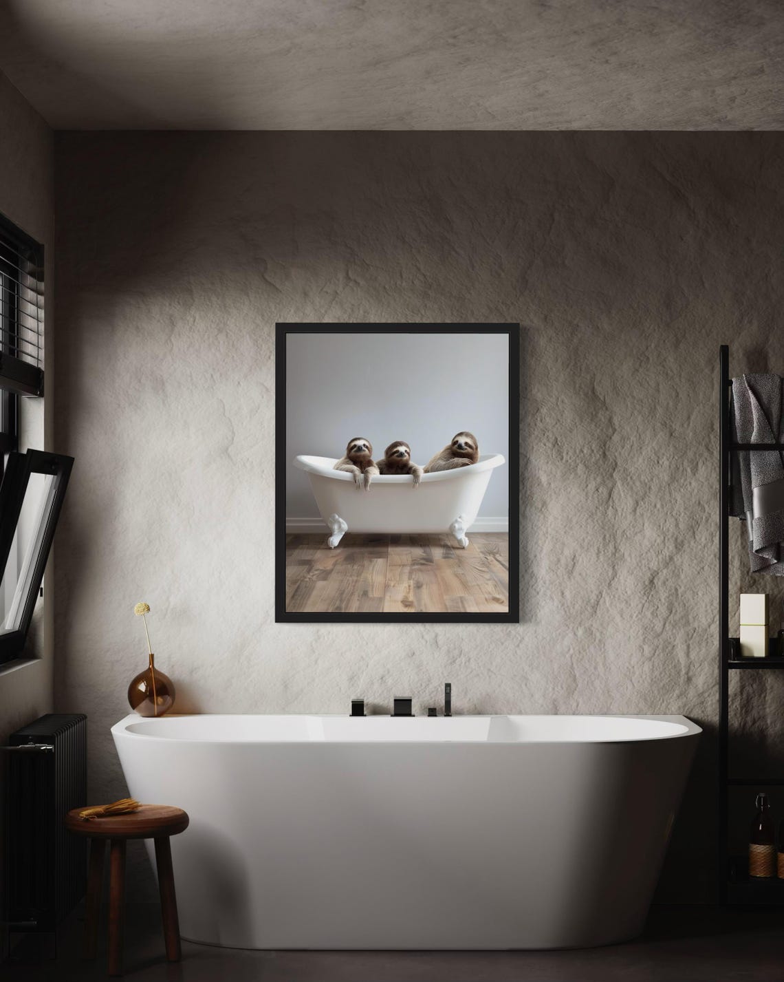 Three Sloths Relaxing Together in a White Clawfoot Tub Photo Poster - Image 3