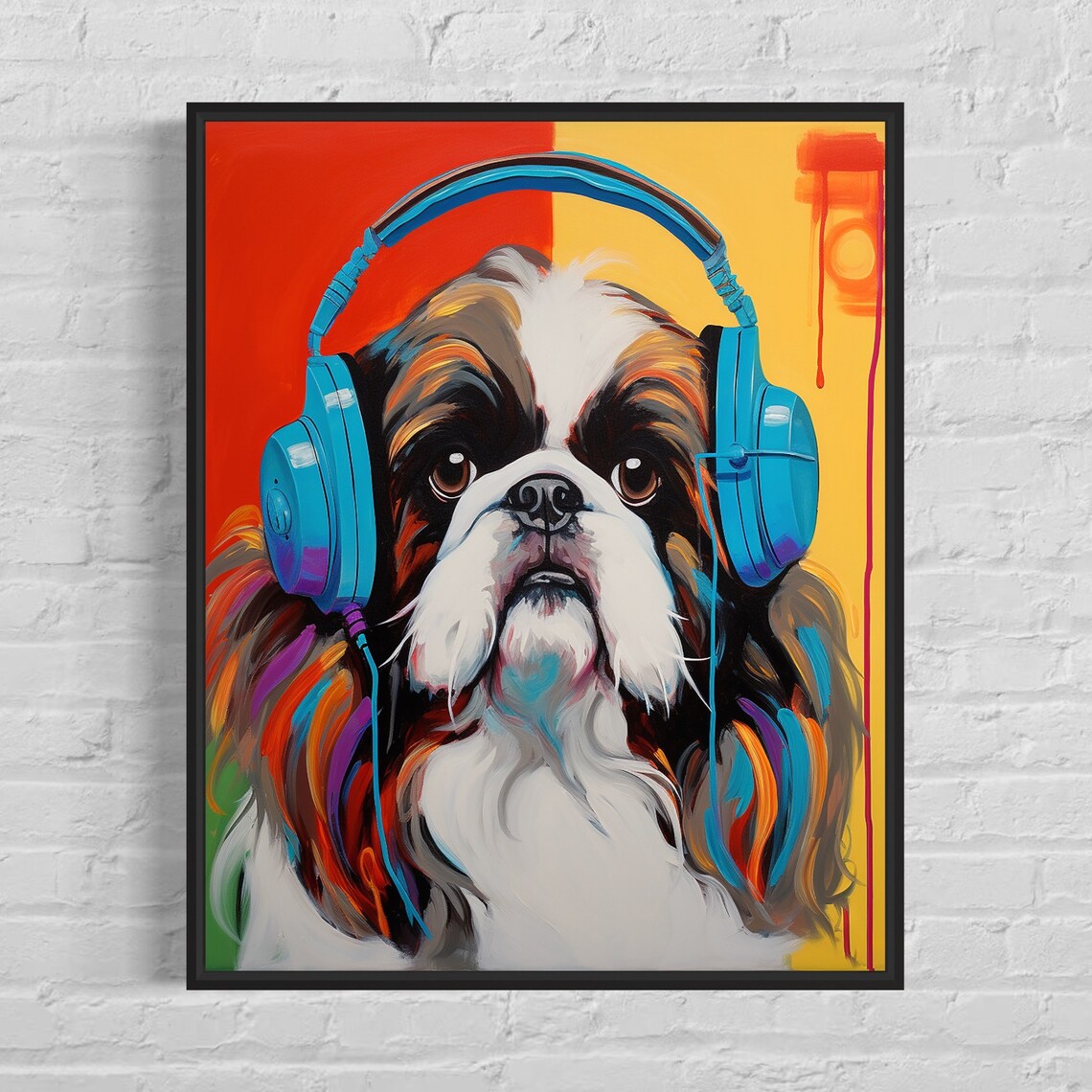 Pekingese Dog Wearing Blue Headphones Colorful Music Art Poster