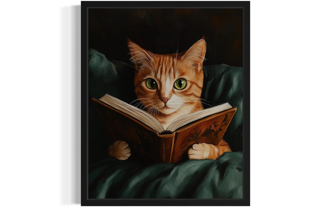 Funny Reading Cat Poster Print
