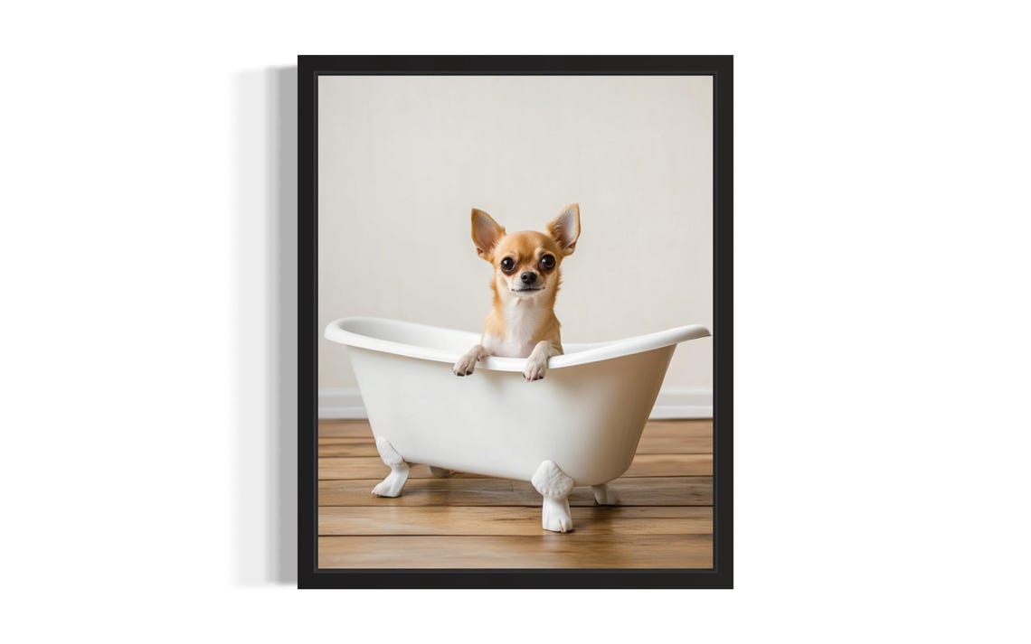 Tiny Chihuahua Puppy Sitting In White Clawfoot Bathtub Poster
