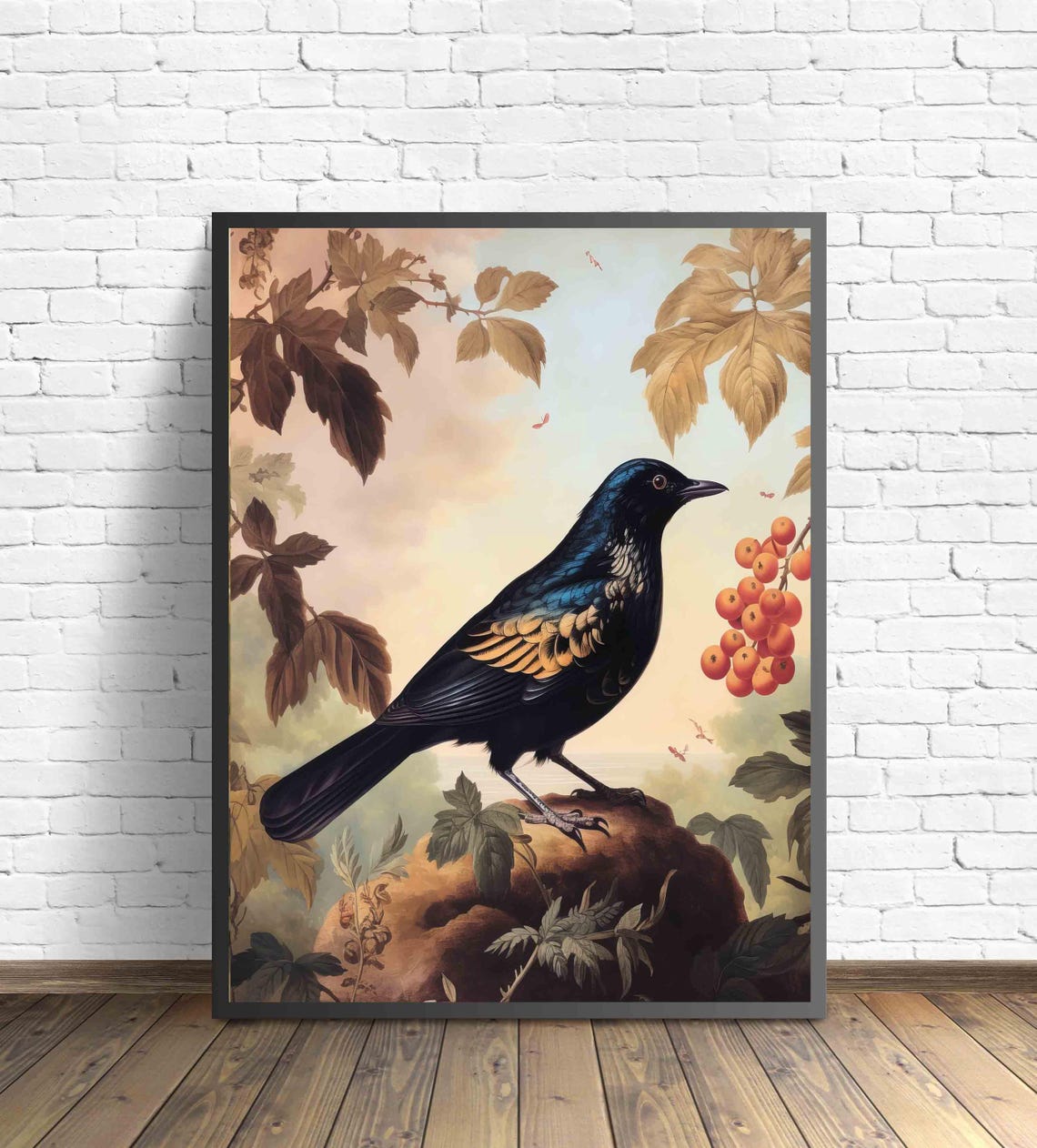 Glossy Starling Perched with Orange Berries Vintage Songbird Poster - Image 2