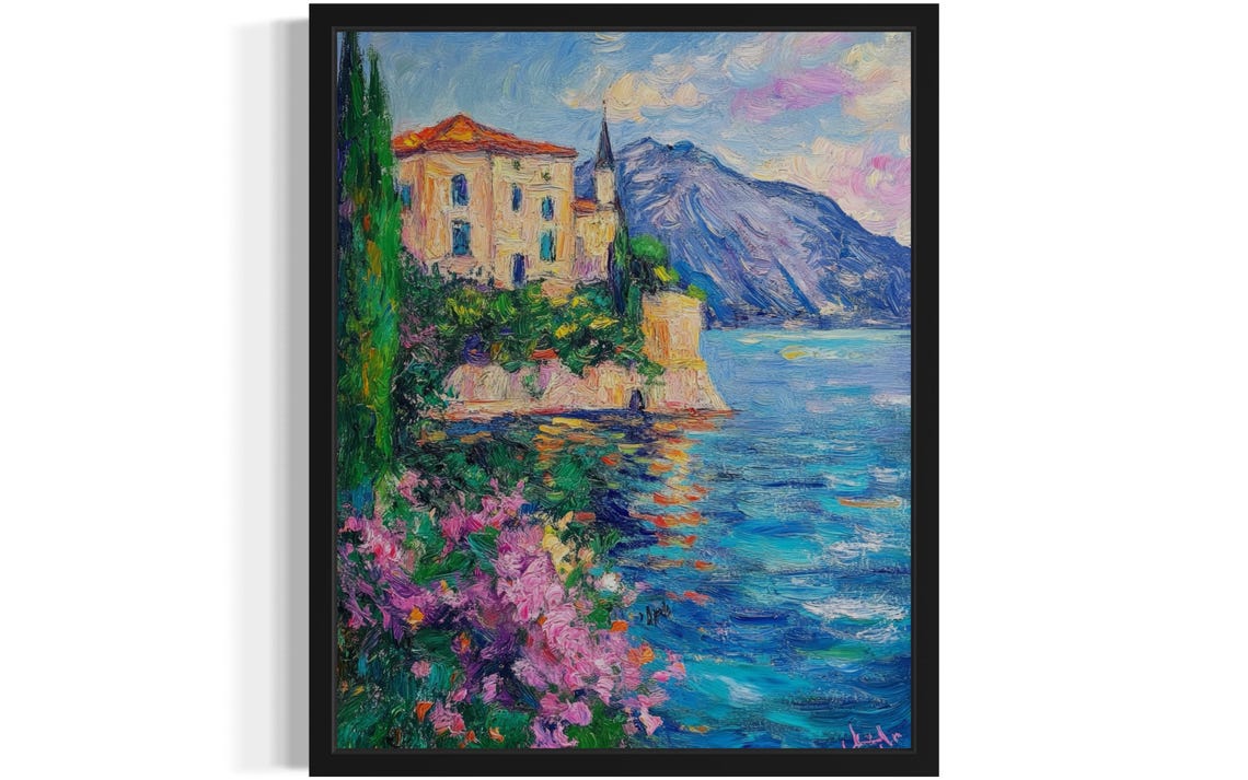 Lakeside Villa with Cypress and Mountains Impressionist Poster