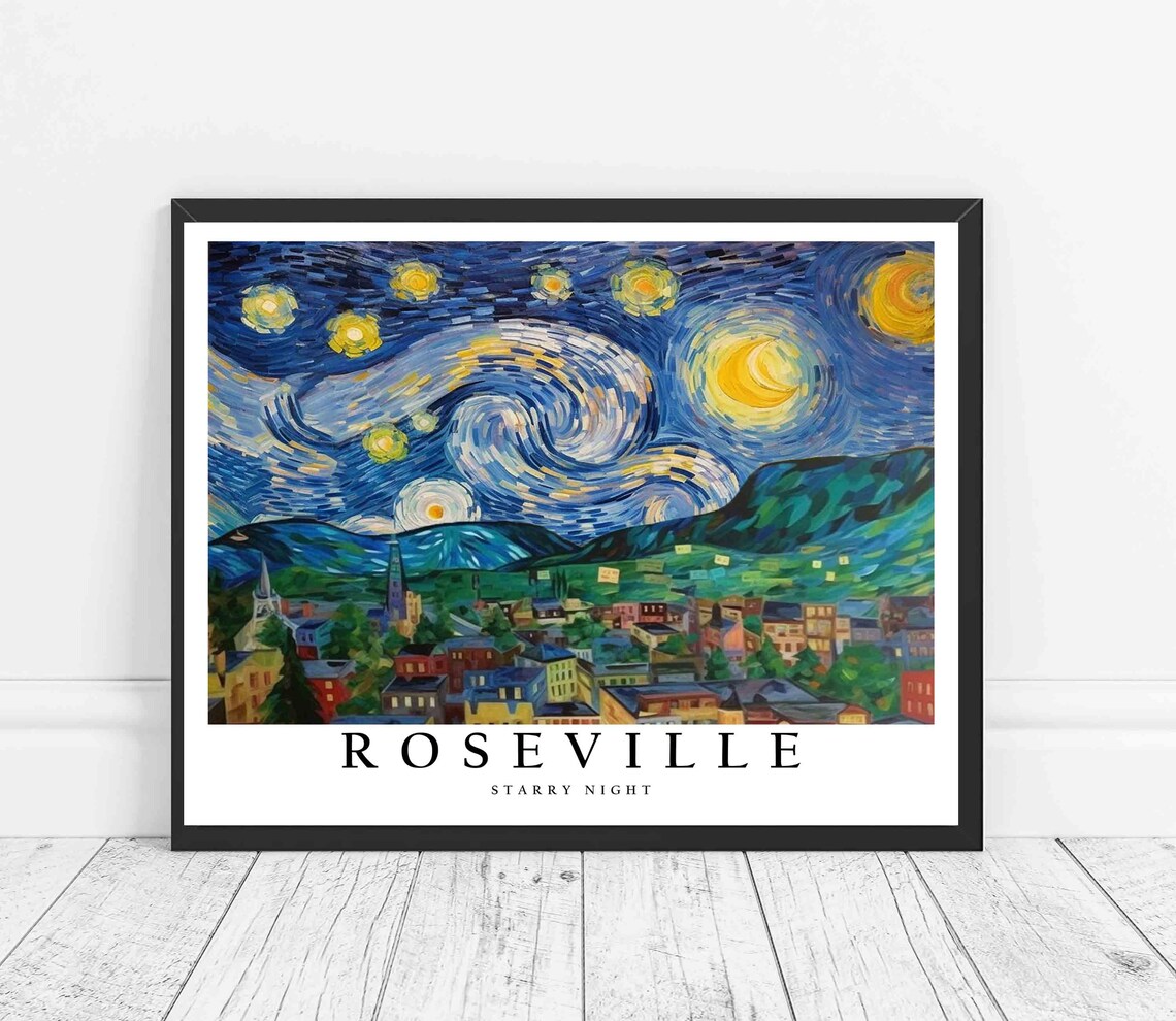 Roseville California Starry Night Art Print Van Gogh Roseville Poster Wall Art Original Roseville Painting Decor