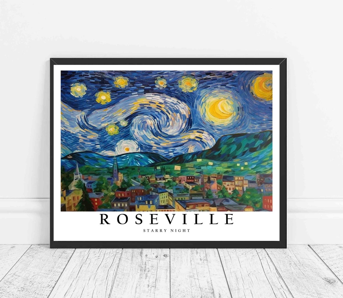 Roseville Starry Night Van Gogh Style Valley Town Art Poster