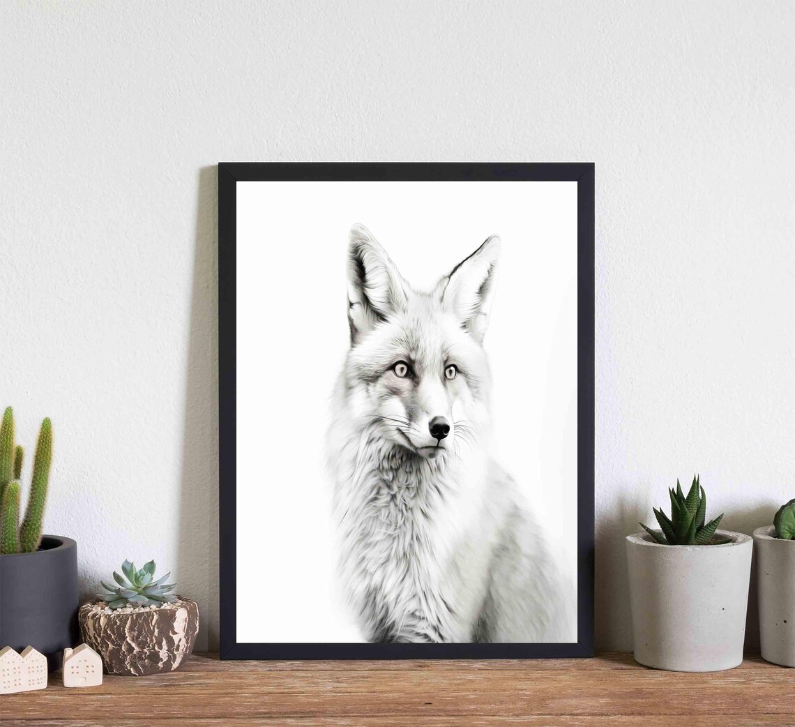 Fox Black and White Fluffy Front Facing Woodland Animal Portrait Poster - Image 3