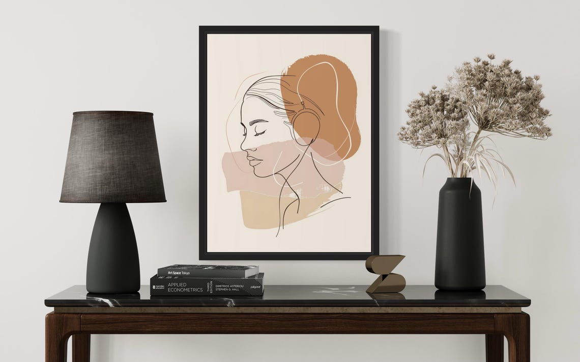 Woman With Headphones Minimal Line Art Abstract Boho Art Poster - Image 3