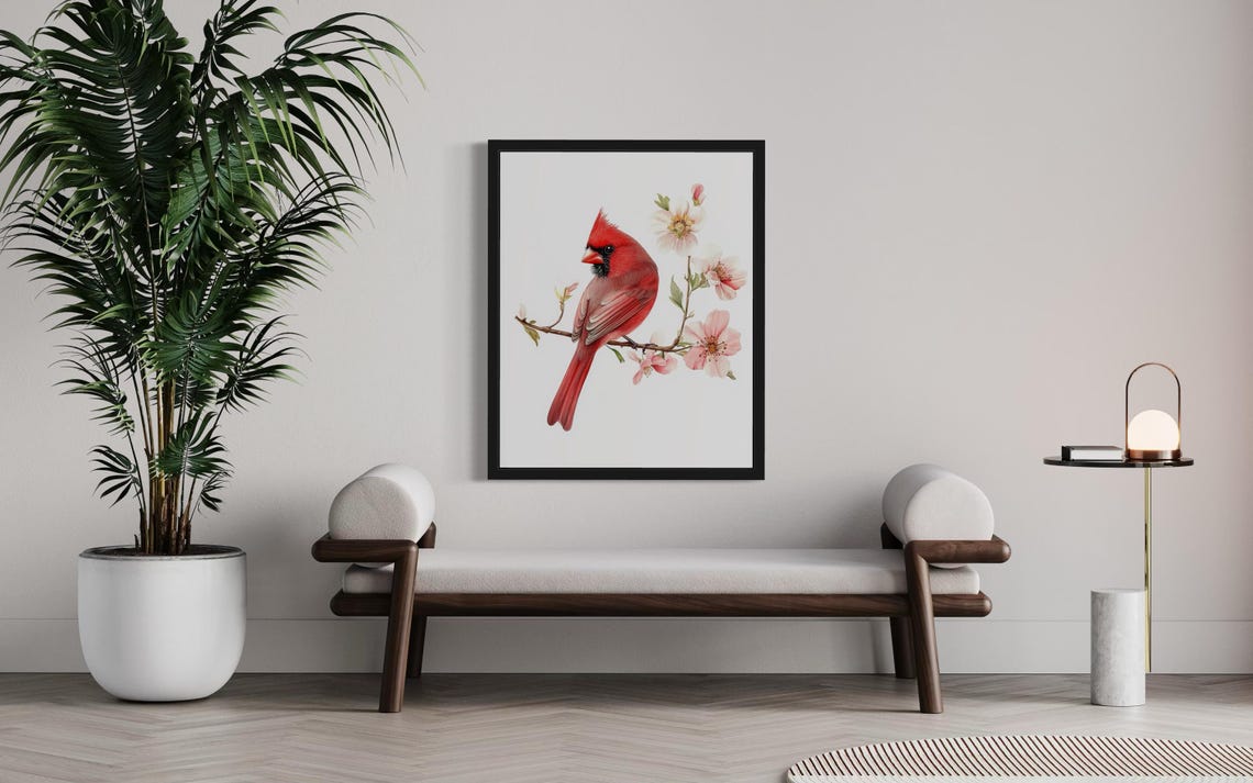 Northern Cardinal Among Pink Blossoms Watercolor Red Bird Poster - Image 3