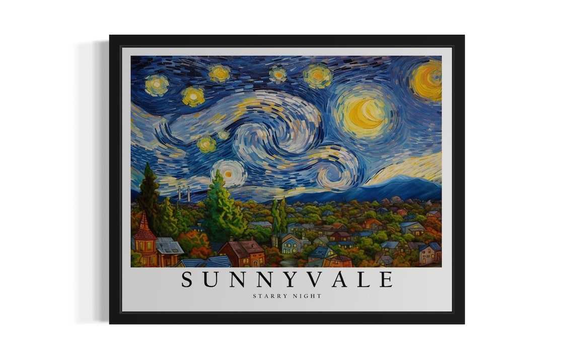 Sunnyvale California Starry Night Suburban Homes Trees Art Poster