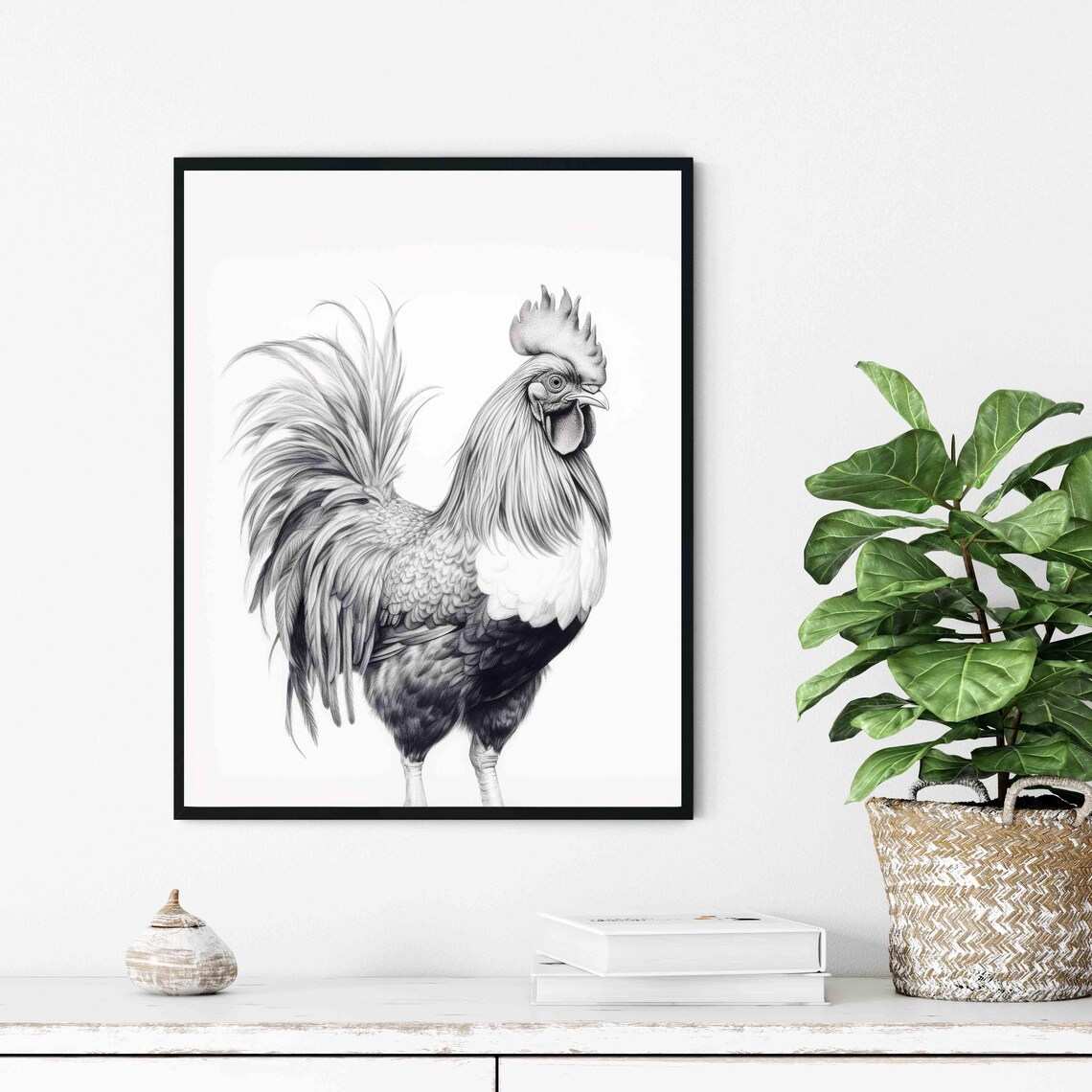 Rooster Black and White Farm Chicken Bird Portrait Art Poster - Image 3